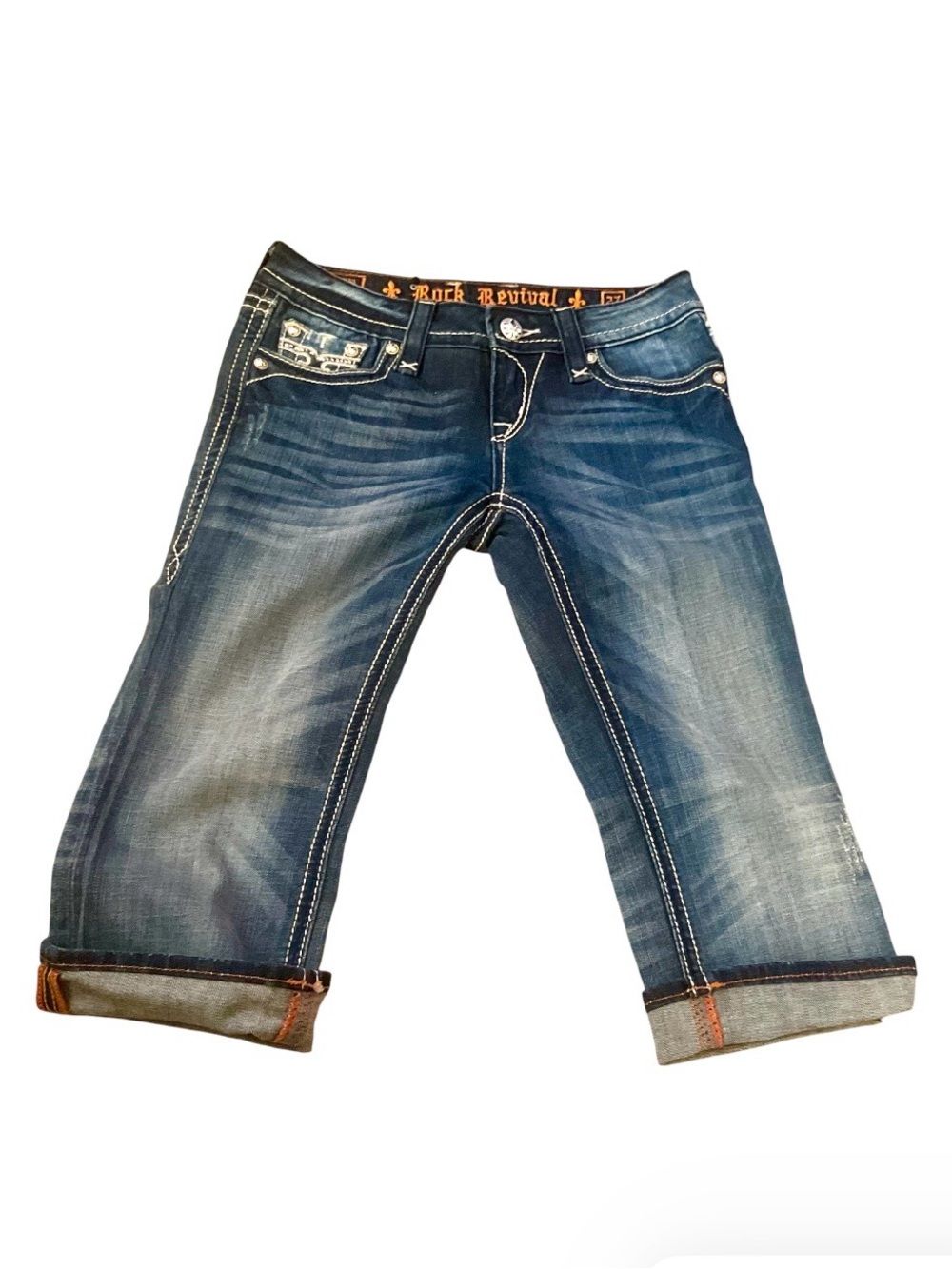 Rock Revival Distressed Mid-Blue Cropped Jeans Size: 27